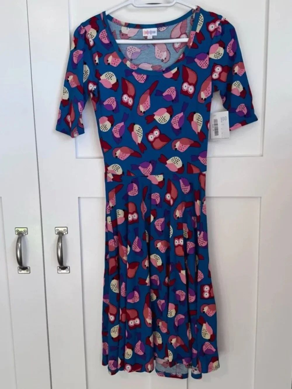 NWT LuLaRoe Nicole Dress Bird Owl Print Women's Size‎ XS Fit & Flare Half Sleeve